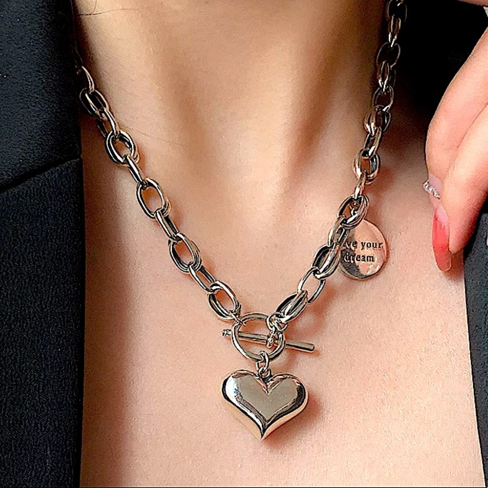 Sterling Silver Heart Chain Link Charm Pendant Toggle Necklace - Picture 2 of 9